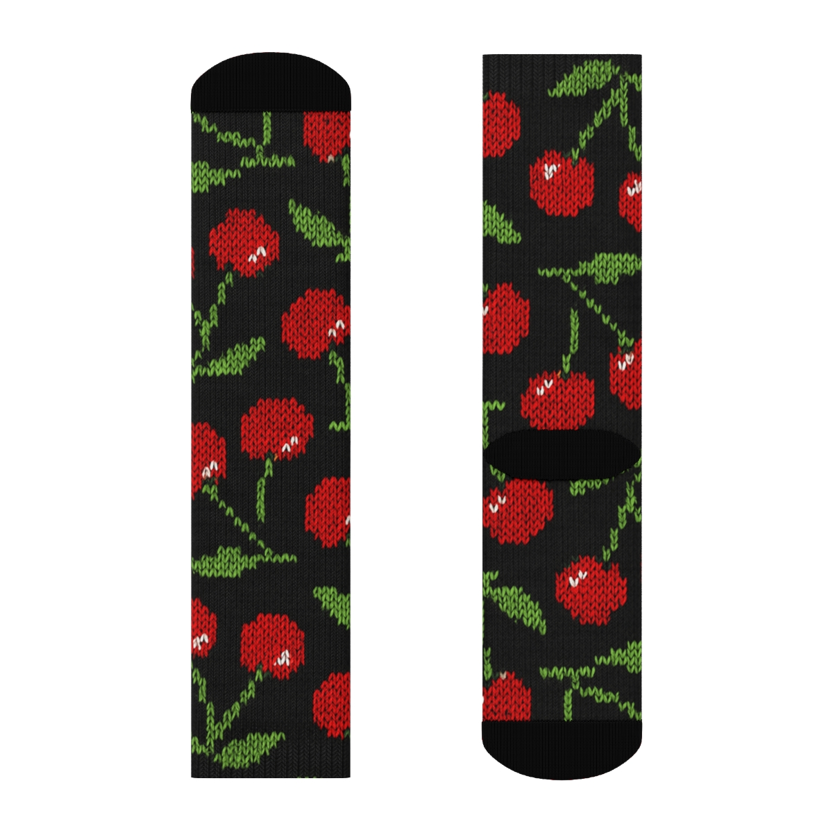 Knitted Cherry-Stripe Motif On Black Background custom crew socks
