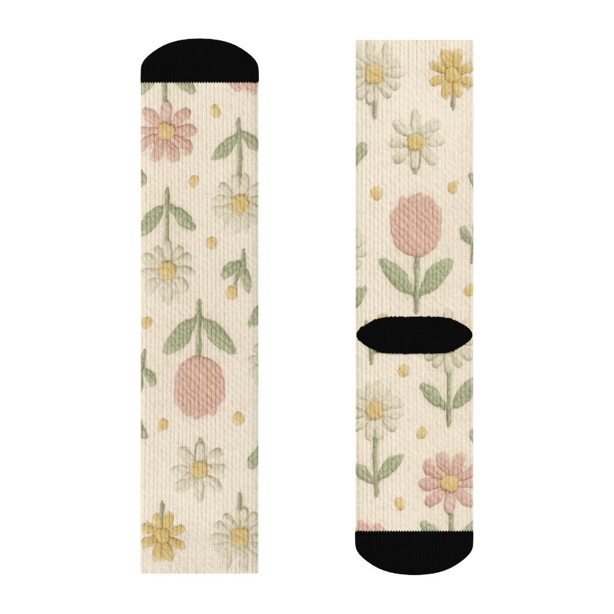 Knitted Daisy And Tulip Micro Motif Grid On Warm Ivory Background trendy patterned crew socks