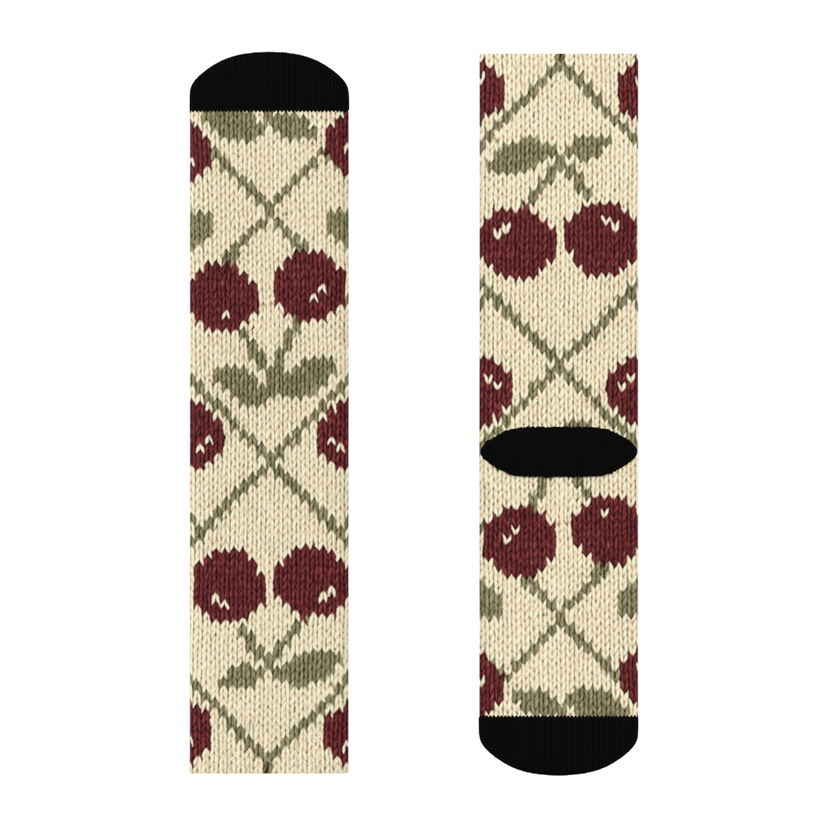 Knitted Illusion Cherry Lattice On Cream designer printed crew socks