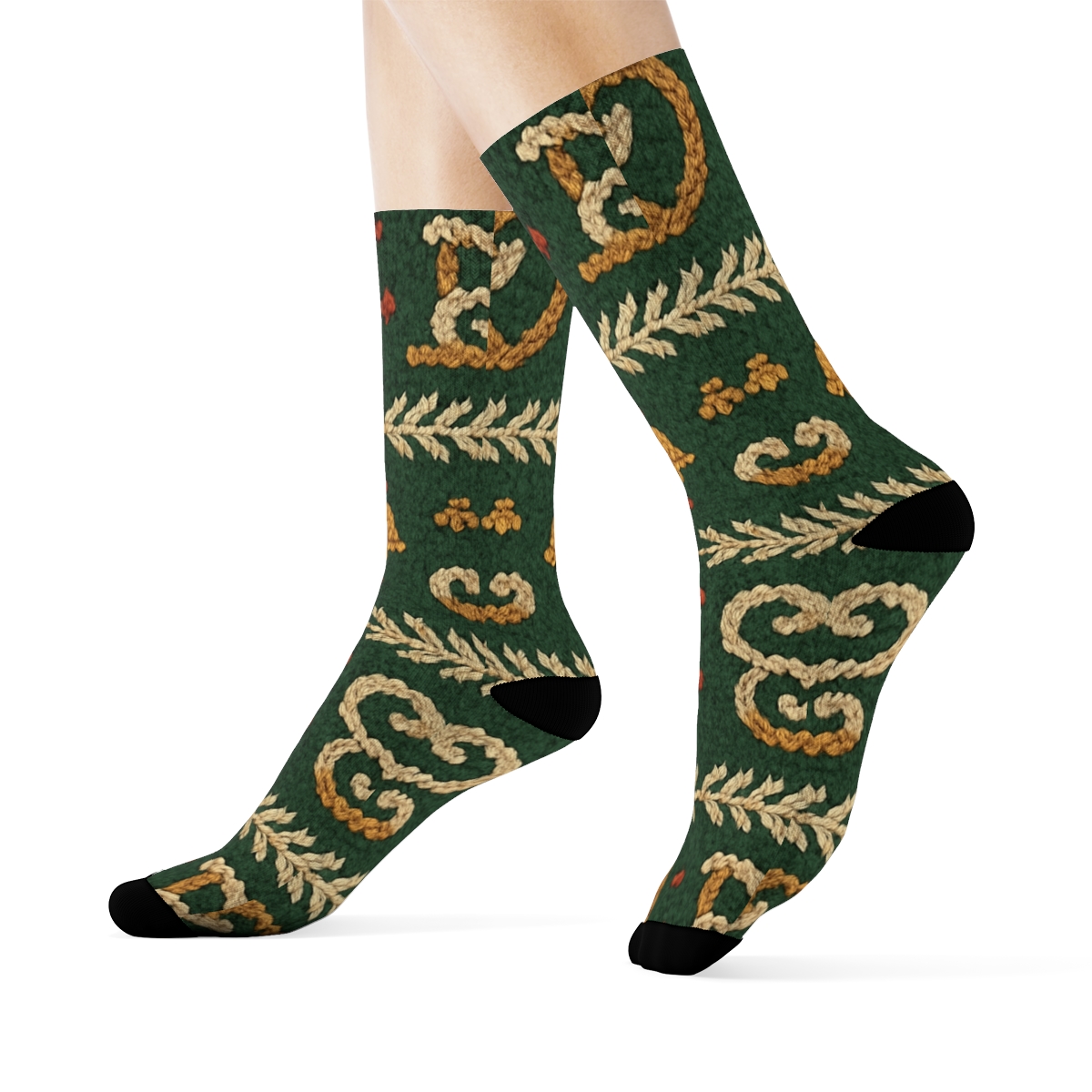 Knitted Illusion Pattern With Sleigh Runners And Holly Bands personalized crew socks
