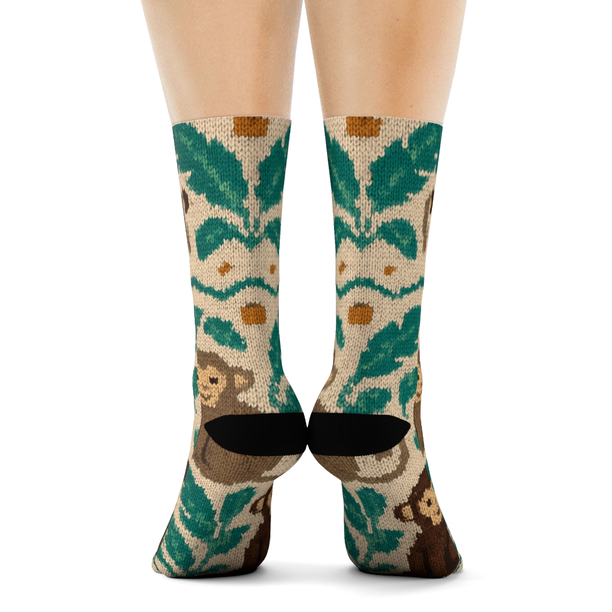 Knitted Jungle Vines Monkey Pattern soft everyday crew socks