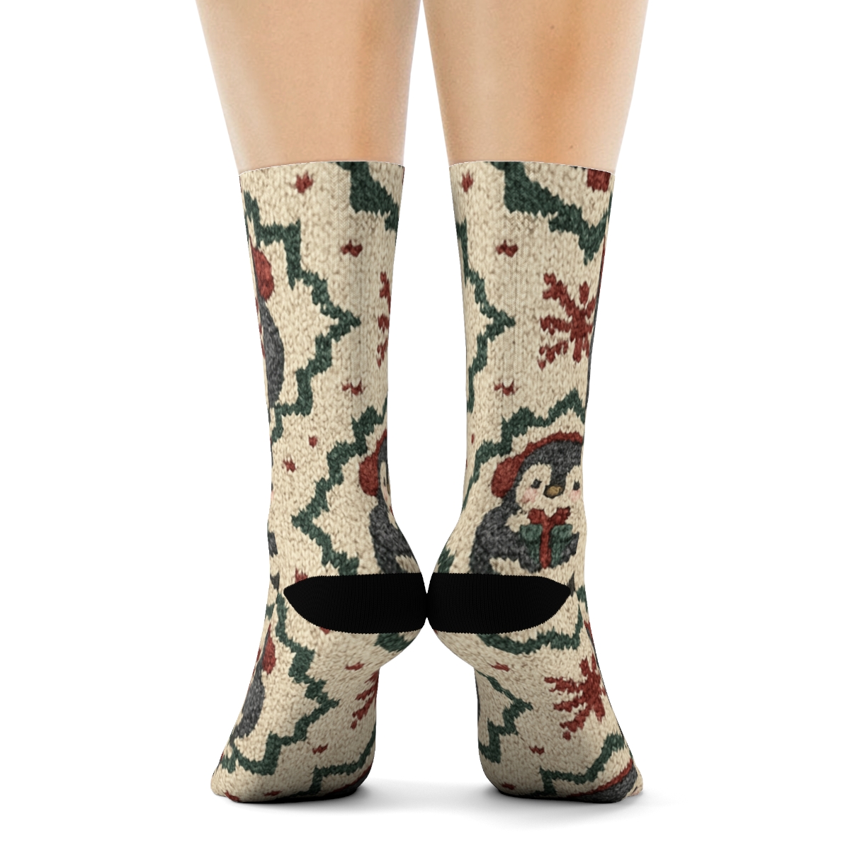 Knitted Penguin Snowflake Tiles On Cream White Background soft everyday crew socks