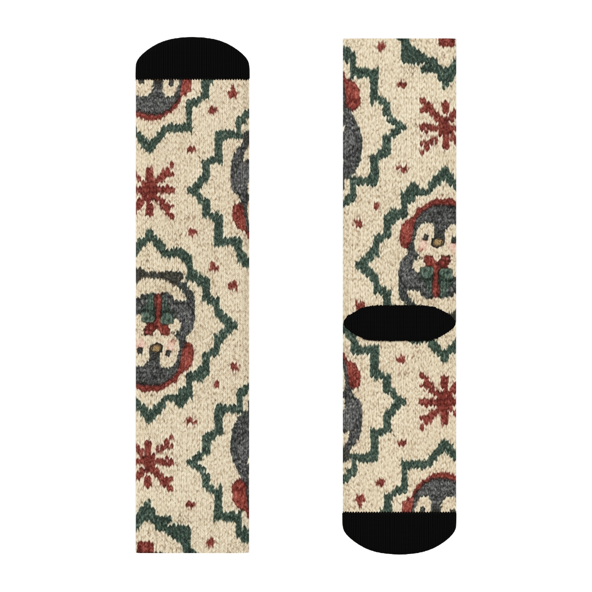Knitted Penguin Snowflake Tiles On Cream White Background soft everyday crew socks