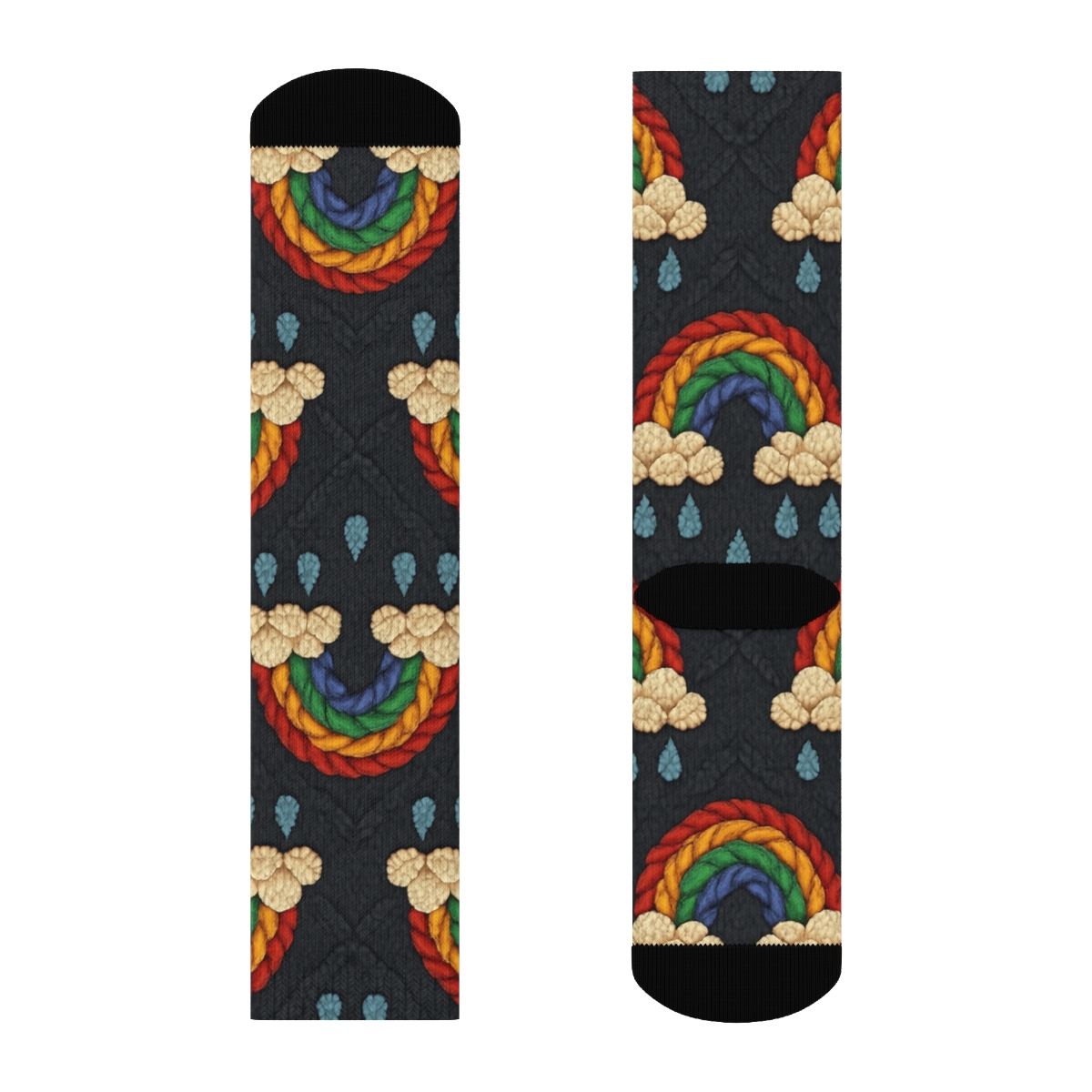 Knitted Rainbow Arc Cable Lattice On Charcoal Background trendy patterned crew socks