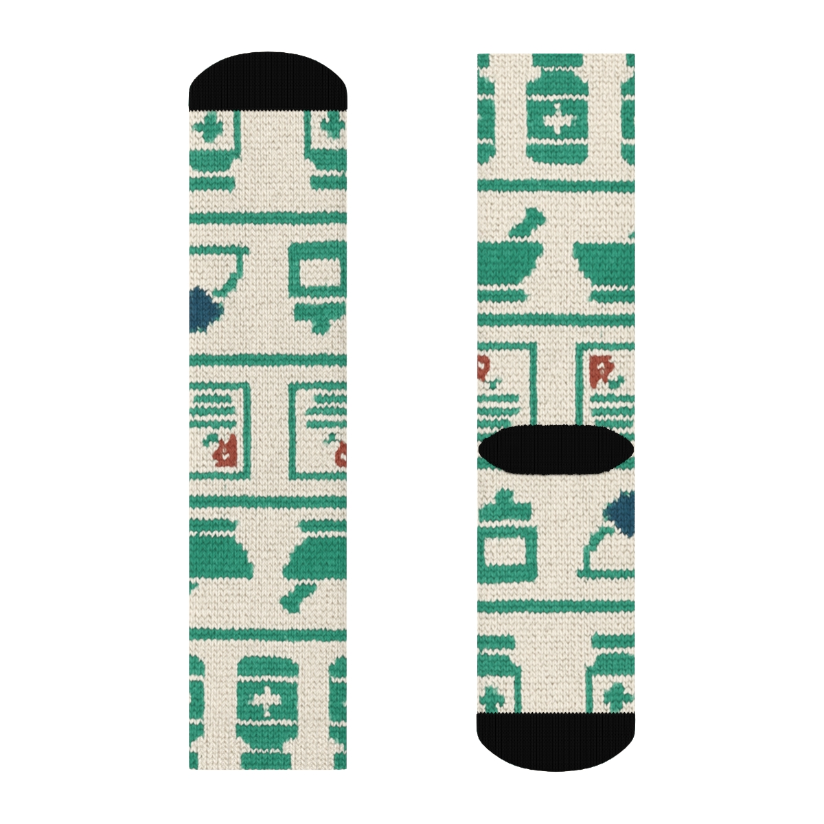 Knitted Shelf Bands With Pharmacist Motifs designer printed crew socks