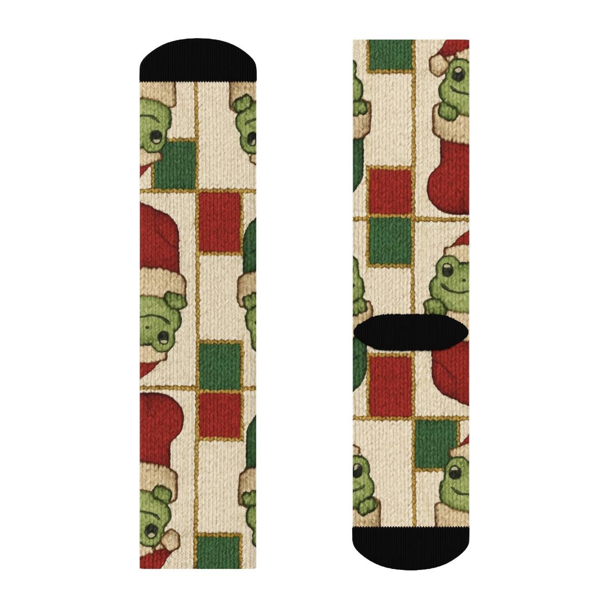 Knitted Stocking Frog Mosaic On Ivory Background trendy patterned crew socks