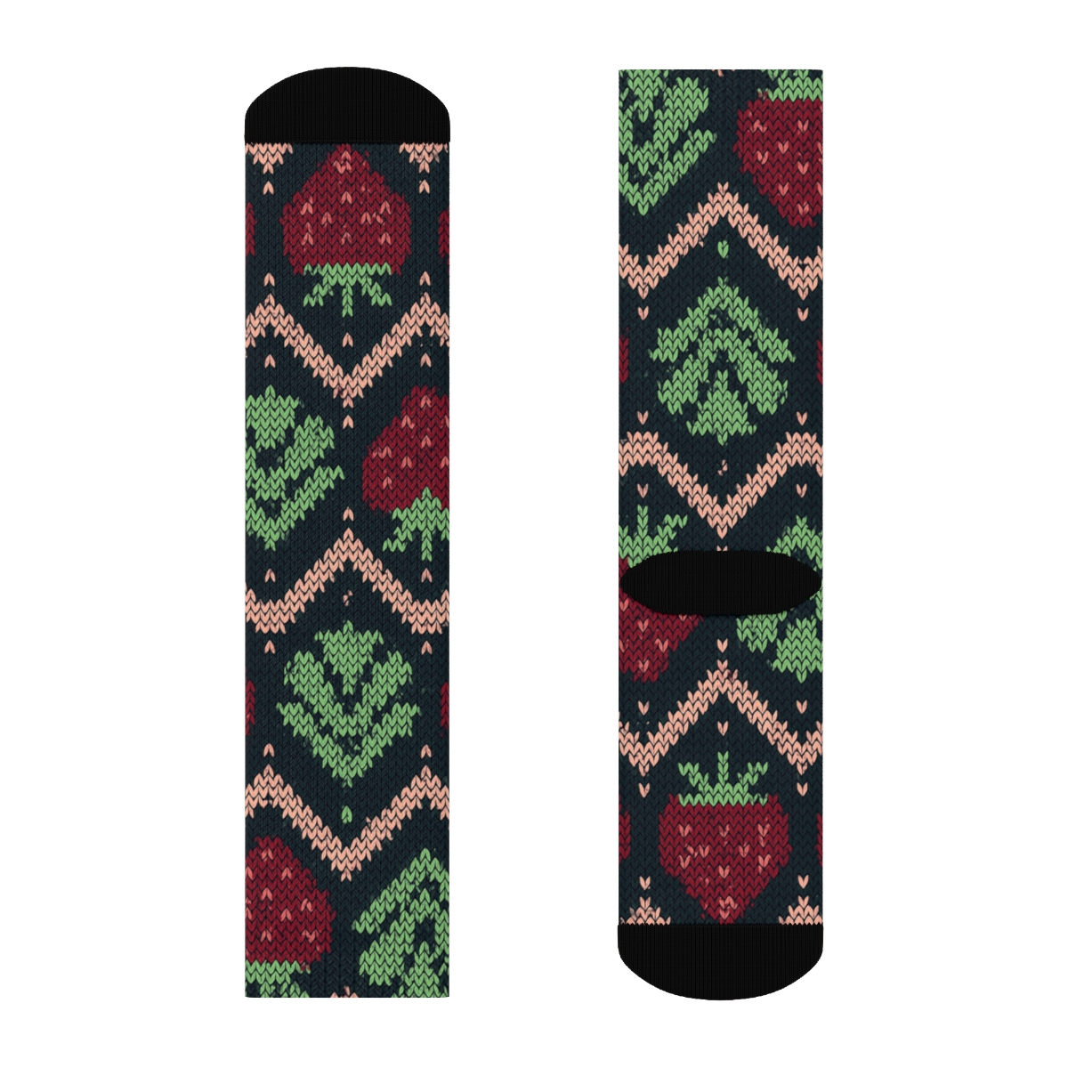 Knitted Strawberry Seed Chevron On Black Background personalized crew socks