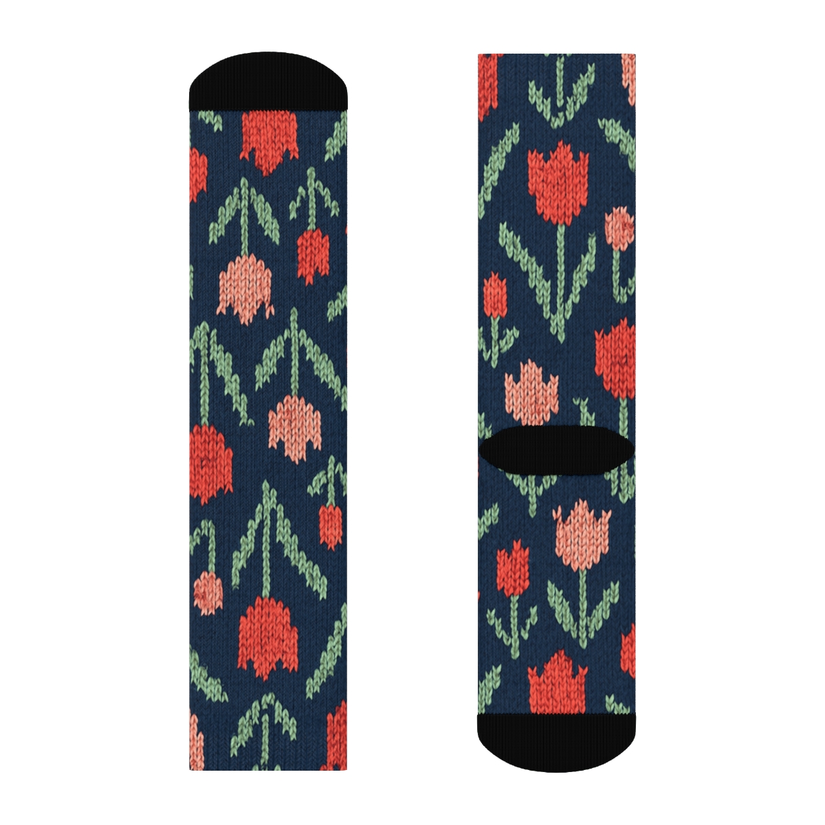 Knitted Tulip Lattice On Navy Background designer printed crew socks