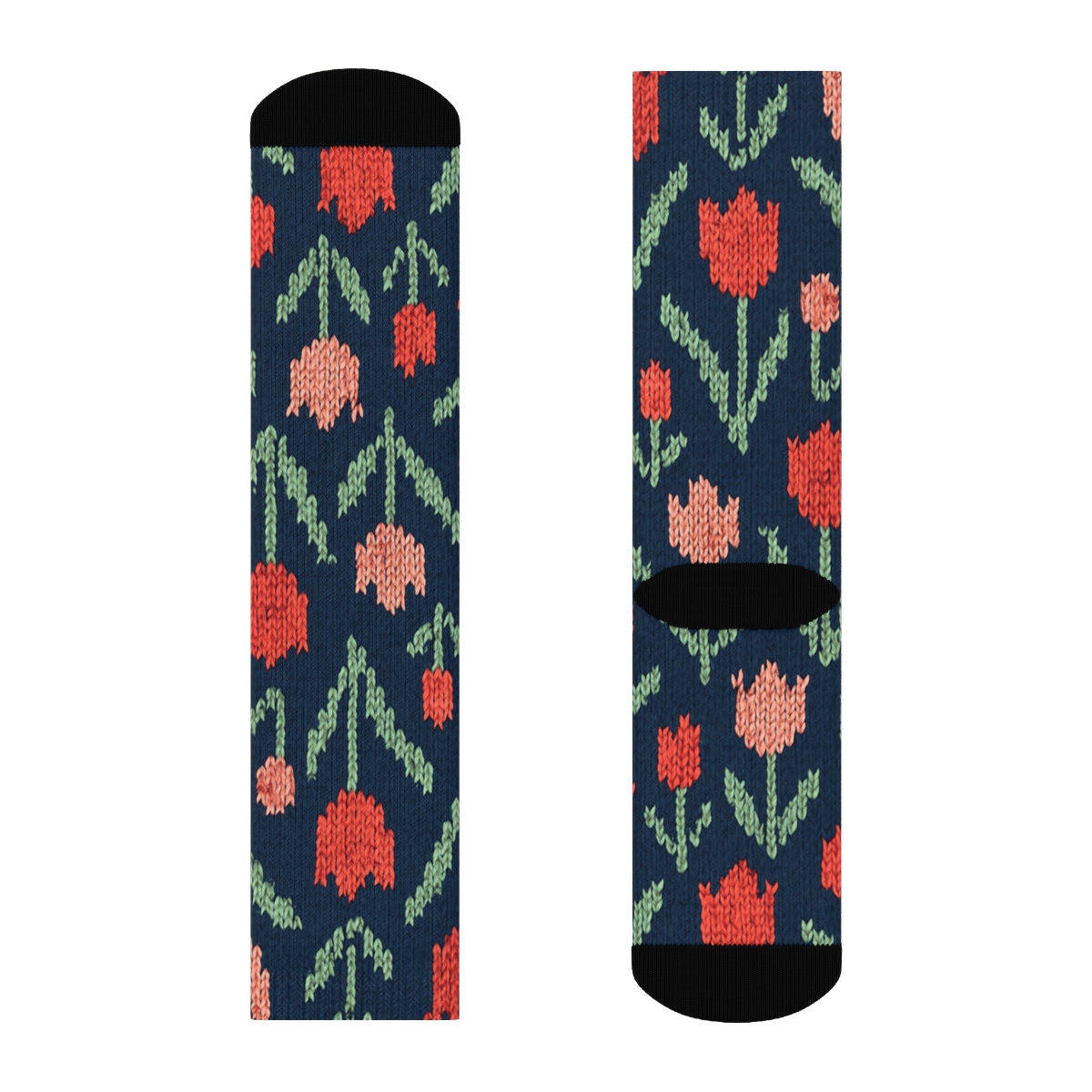 Knitted Tulip Lattice On Navy Background designer printed crew socks