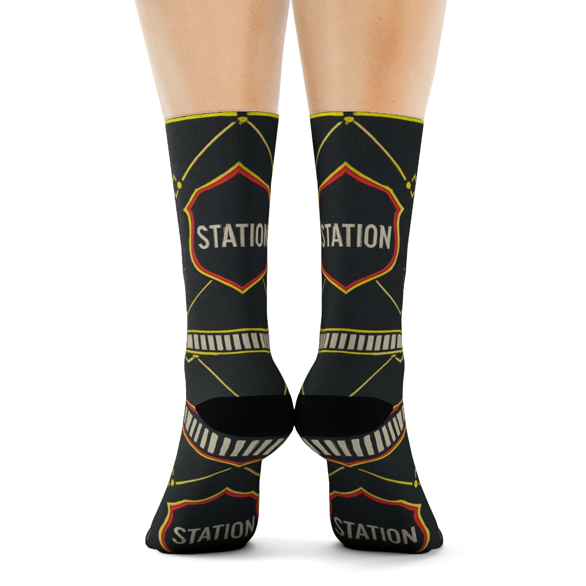 Ladder Stripe Bands With Fire Fighter Badge Lattice trendy patterned crew socks