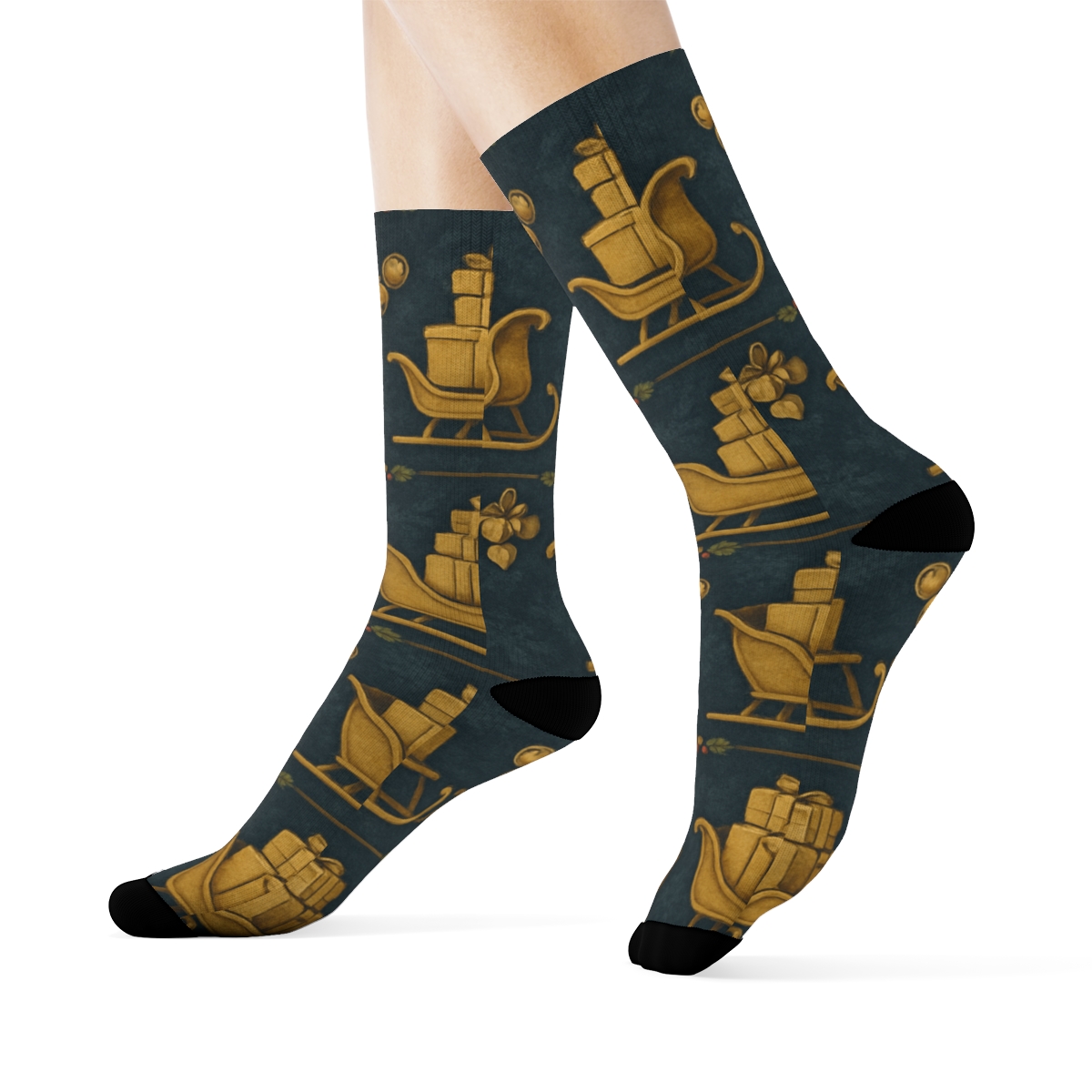 Lantern Lit Pattern With Sleigh Parade In Gold Accents stylish athletic crew socks