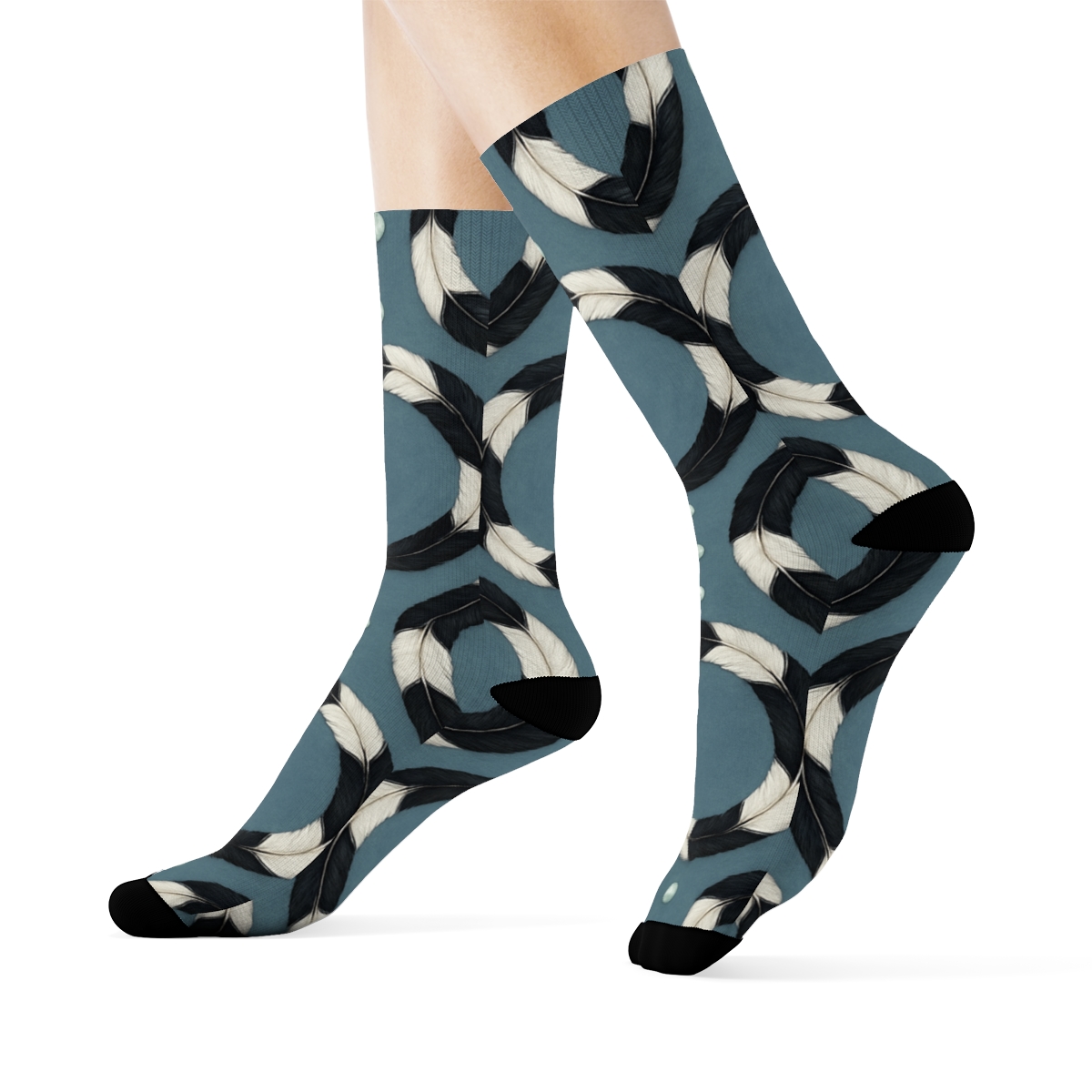 Magpie Feather Ring Orbit On Slate Blue soft everyday crew socks