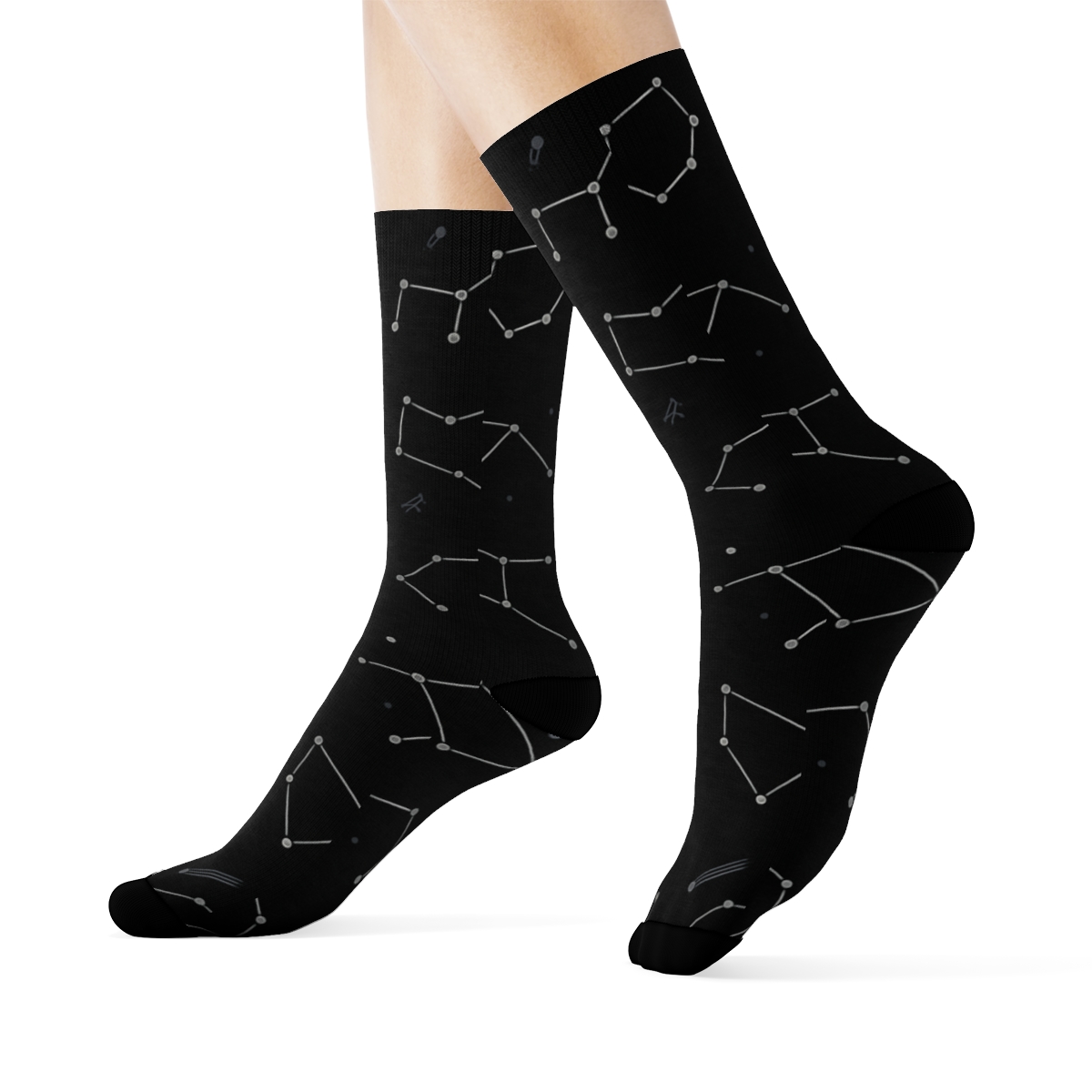 Metallic Silver Constellation Grid On Black Background trendy patterned crew socks