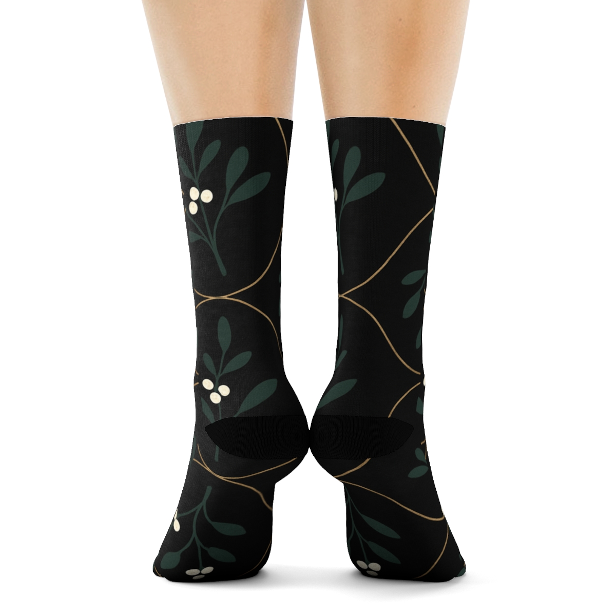Midnight Black Botanical Repeat, Mistletoe stylish athletic crew socks