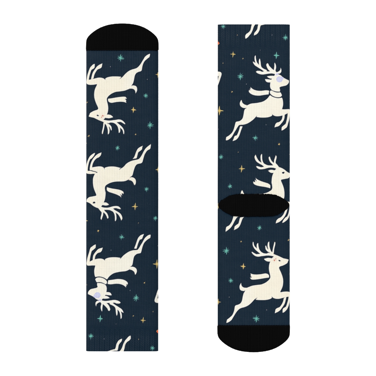 Midnight Blue Reindeer Parade Rudolph Pattern designer printed crew socks