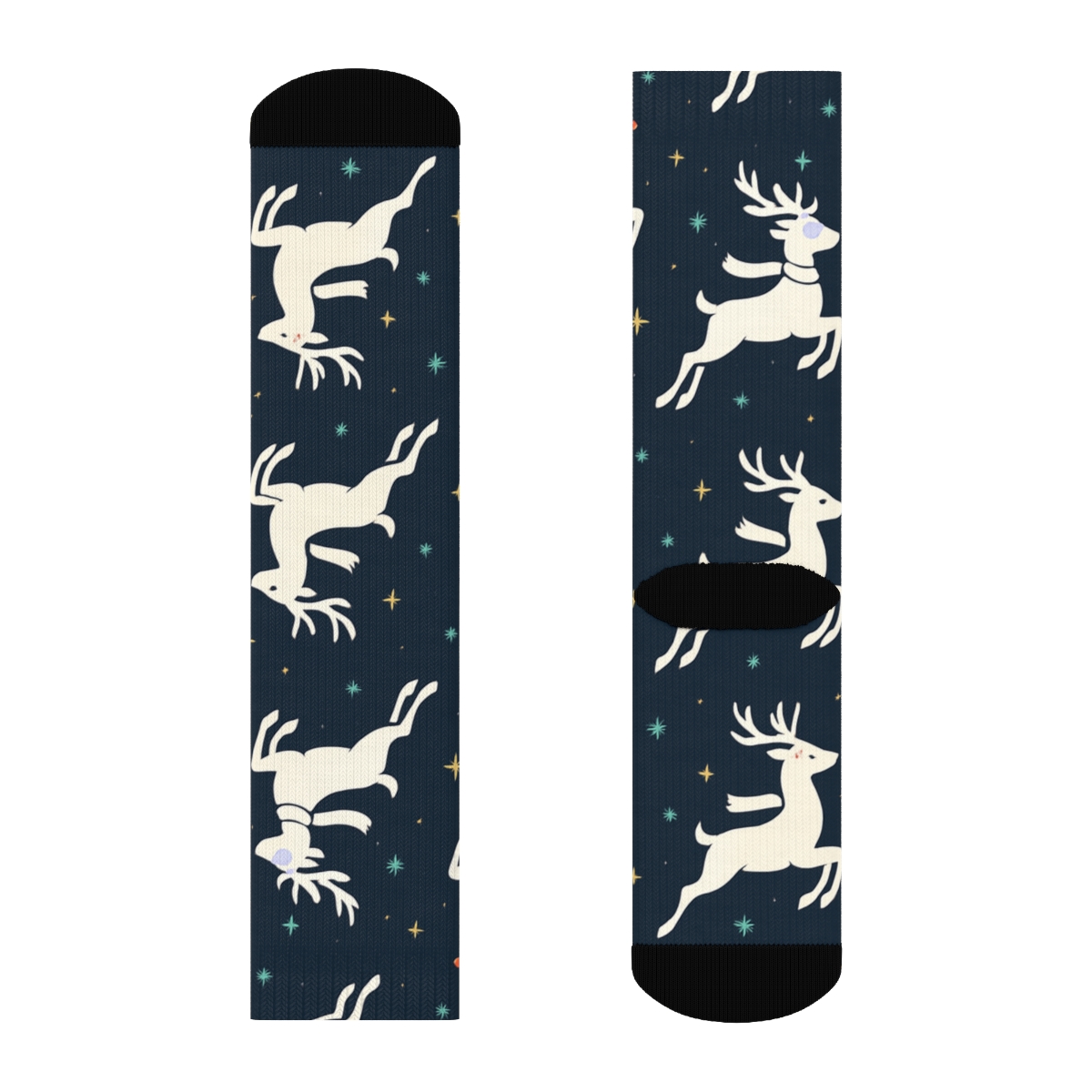 Midnight Blue Reindeer Parade Rudolph Pattern designer printed crew socks