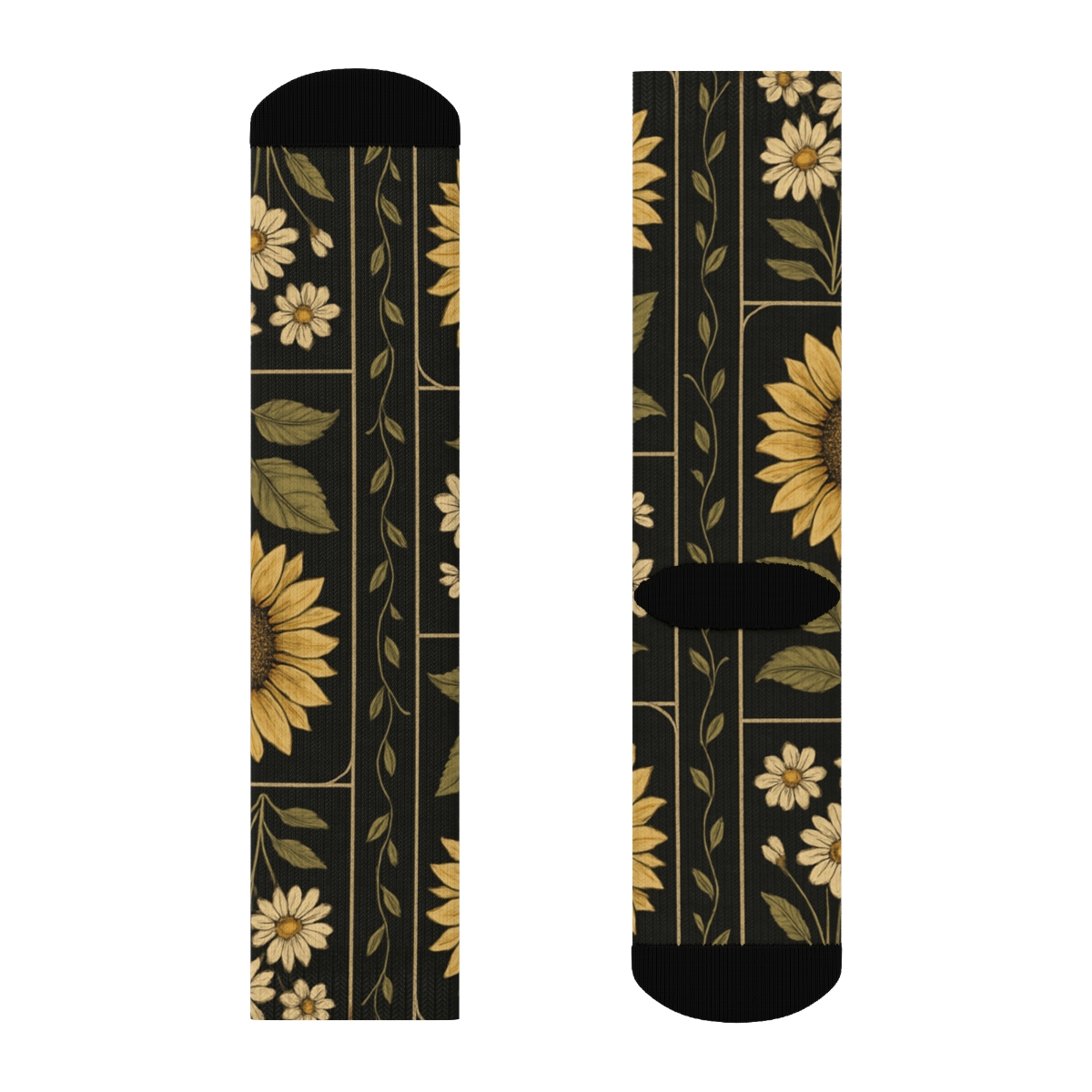 Midnight Herbarium Sunflower Daisy Collage Grid stylish athletic crew socks