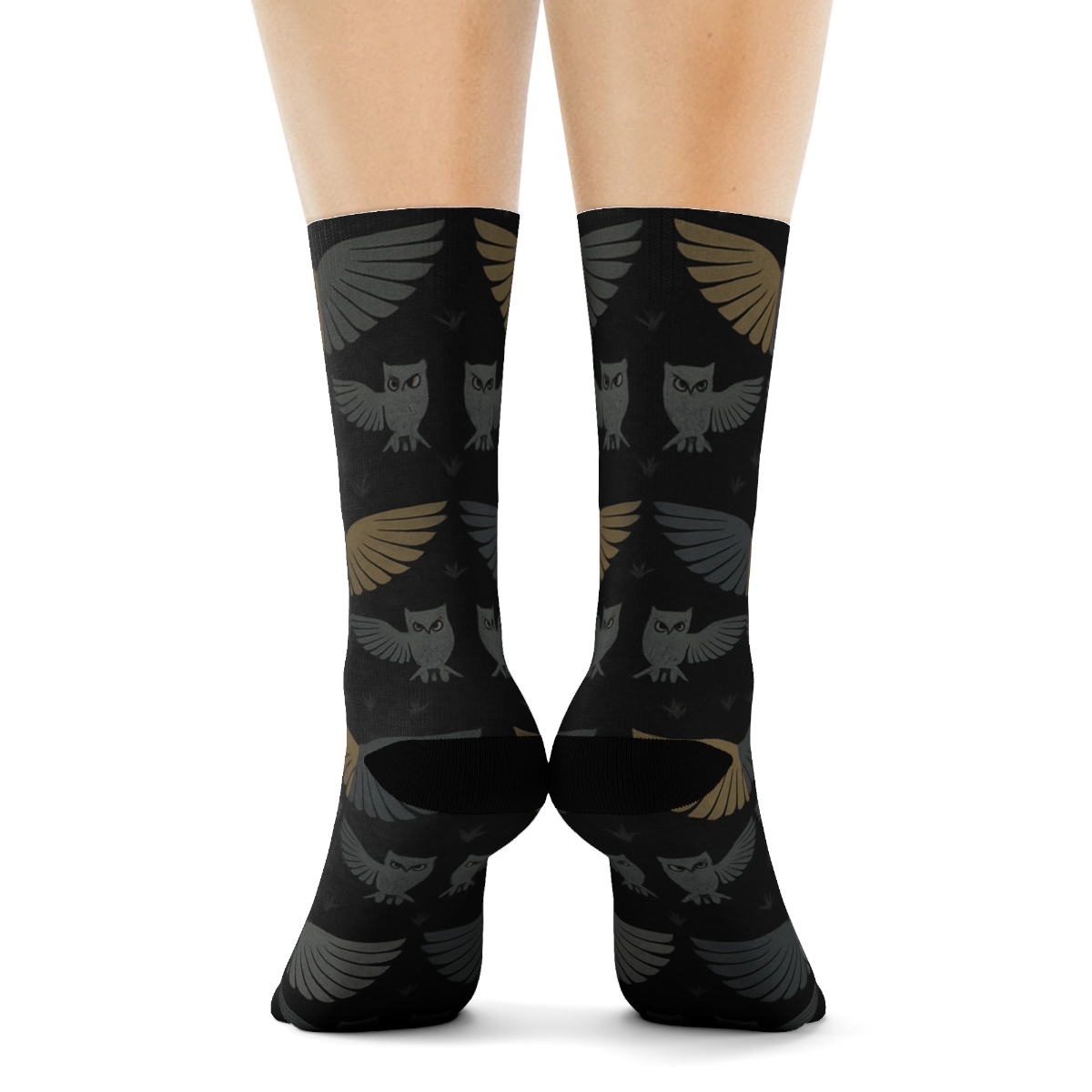 Midnight Owl Flight Mirror Array On Black Background designer printed crew socks