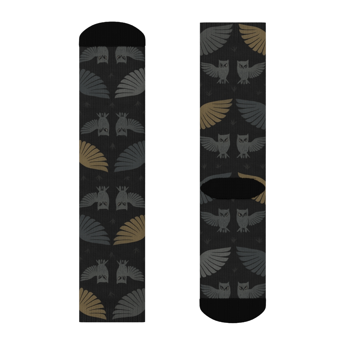 Midnight Owl Flight Mirror Array On Black Background designer printed crew socks