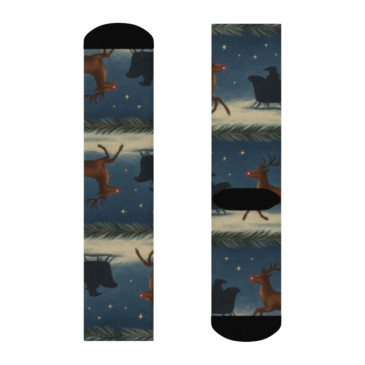 Midnight Sleigh Rudolph Scene comfortable cotton crew socks