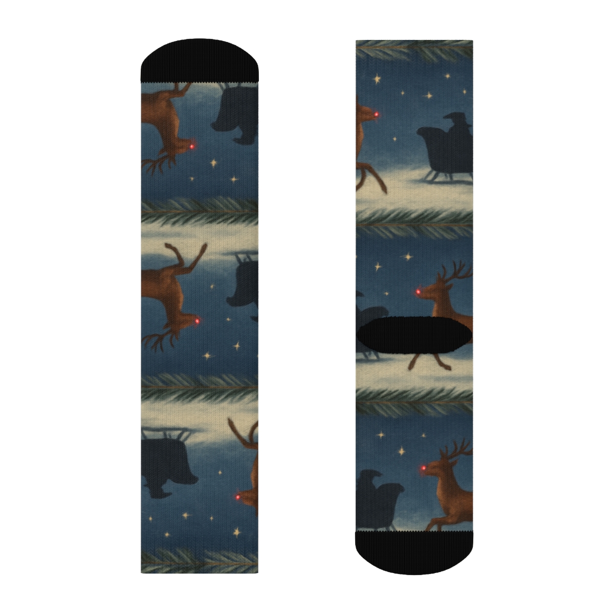 Midnight Sleigh Rudolph Scene comfortable cotton crew socks