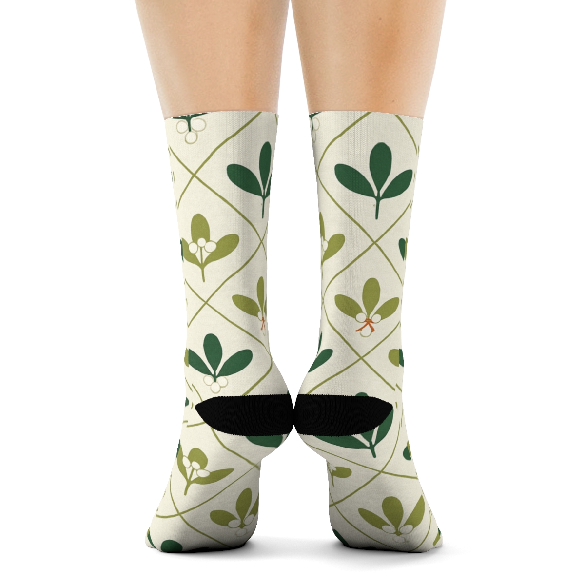 Minimal Leaf Tessellation With White Berries, Mistletoe Edition trendy patterned crew socks