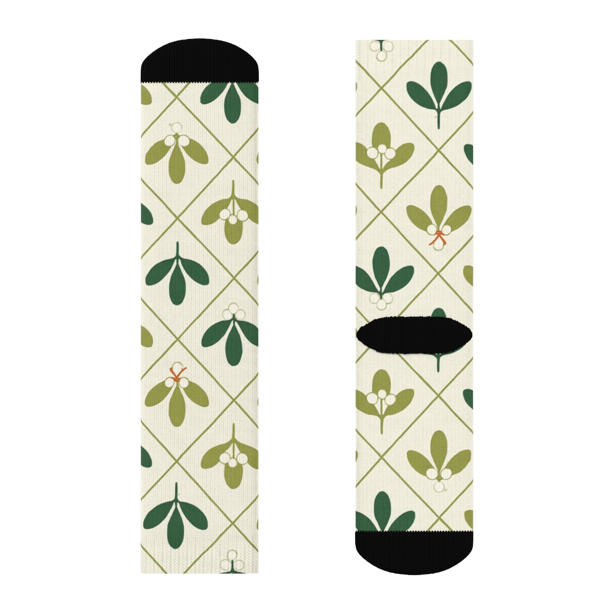 Minimal Leaf Tessellation With White Berries, Mistletoe Edition trendy patterned crew socks