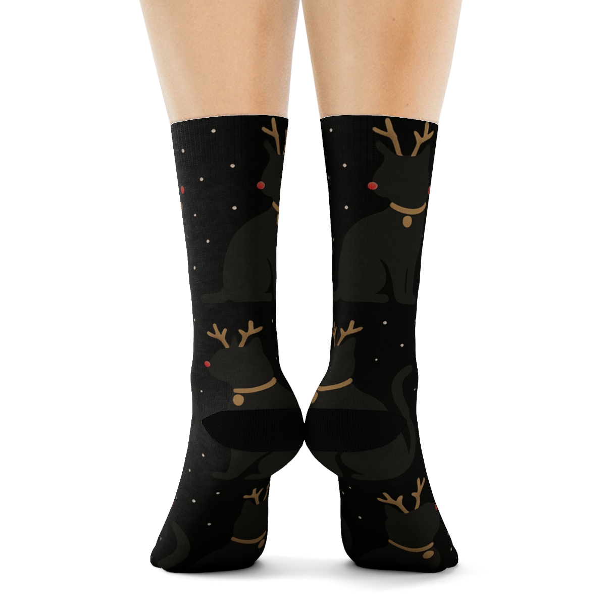 Minimal Reindeer Cat Silhouette Grid On Black Background trendy patterned crew socks