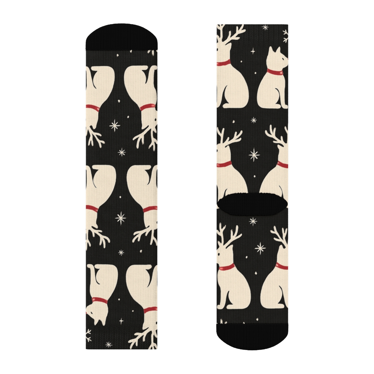 Minimal Reindeer Cat Silhouettes On Black Background soft everyday crew socks