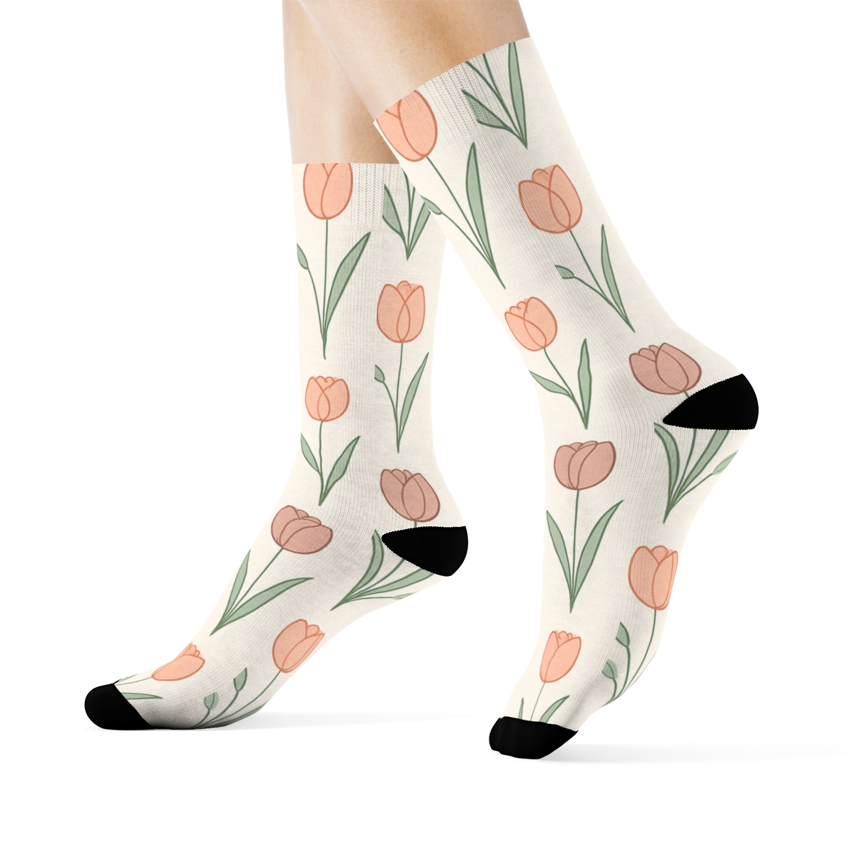 Minimal Tulip Stem Grid On Warm Ivory Background trendy patterned crew socks