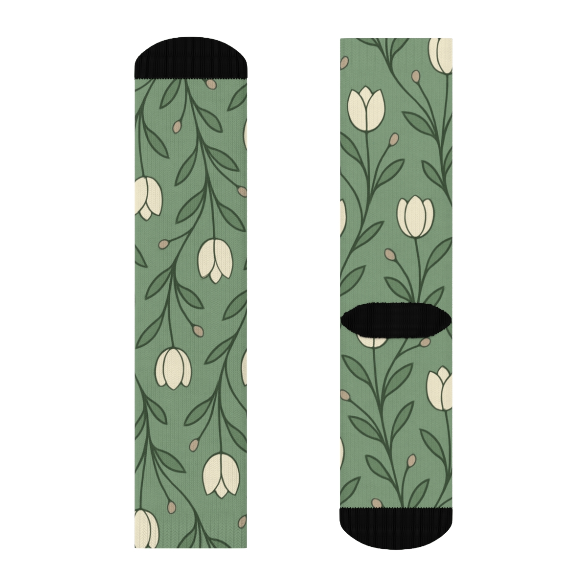 Minimal Tulip Stem Lattice On Soft Sage Background designer printed crew socks