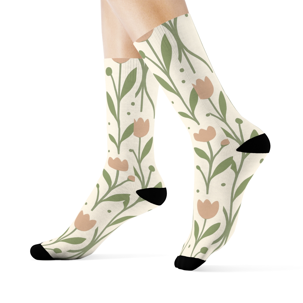 Minimal Tulip Stem Stripe Lattice On Warm Ivory Background unique graphic crew socks
