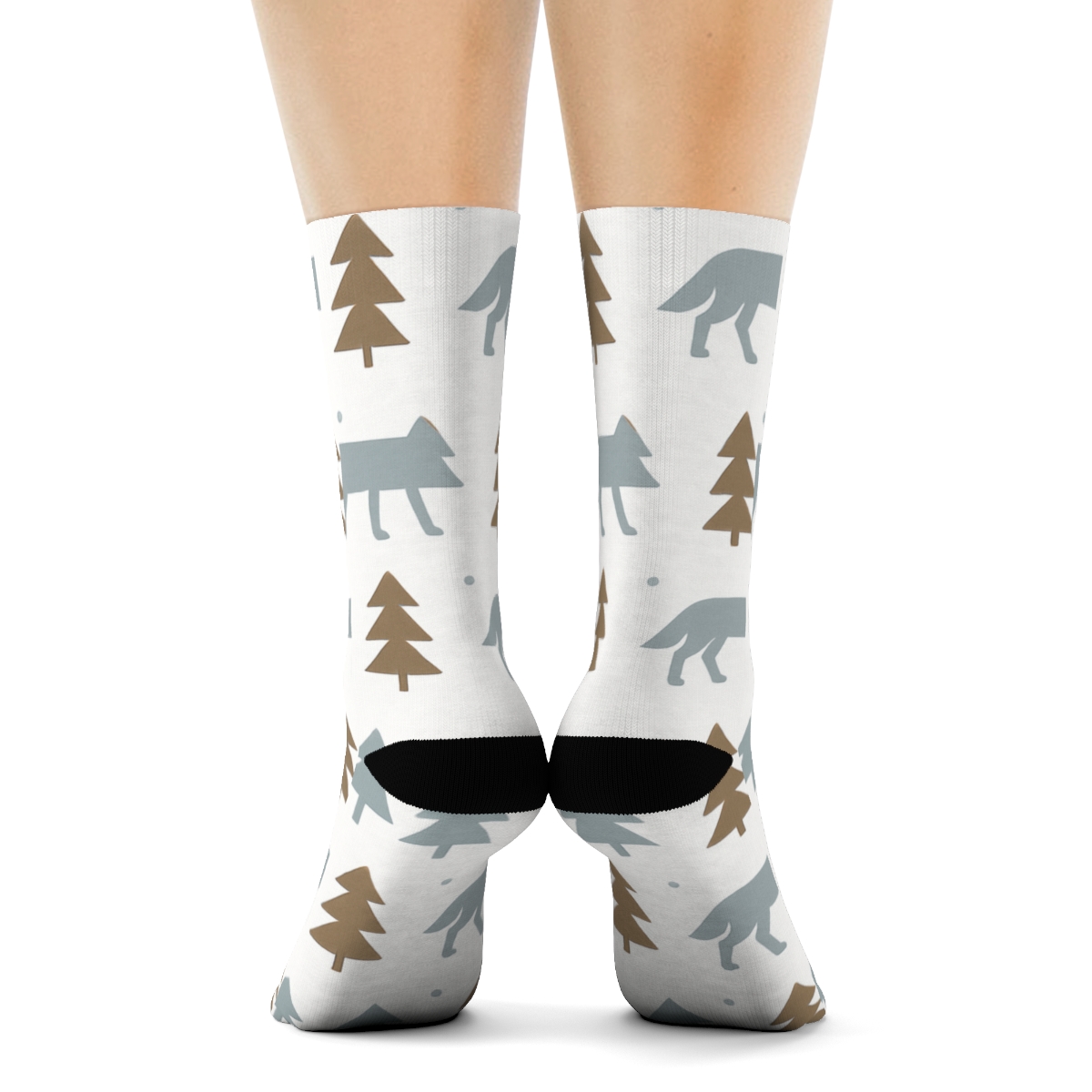 Minimalist Forest Grid With Gray Wolf Silhouettes personalized crew socks