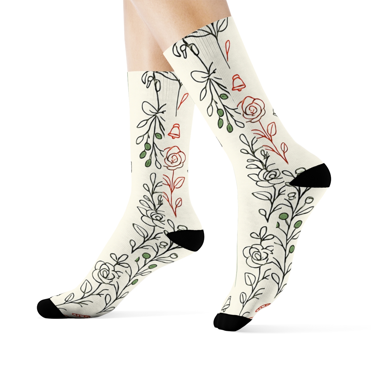 Minimalist Mistletoe Rose Candy Cane Stripe Grid On Ivory Background stylish athletic crew socks