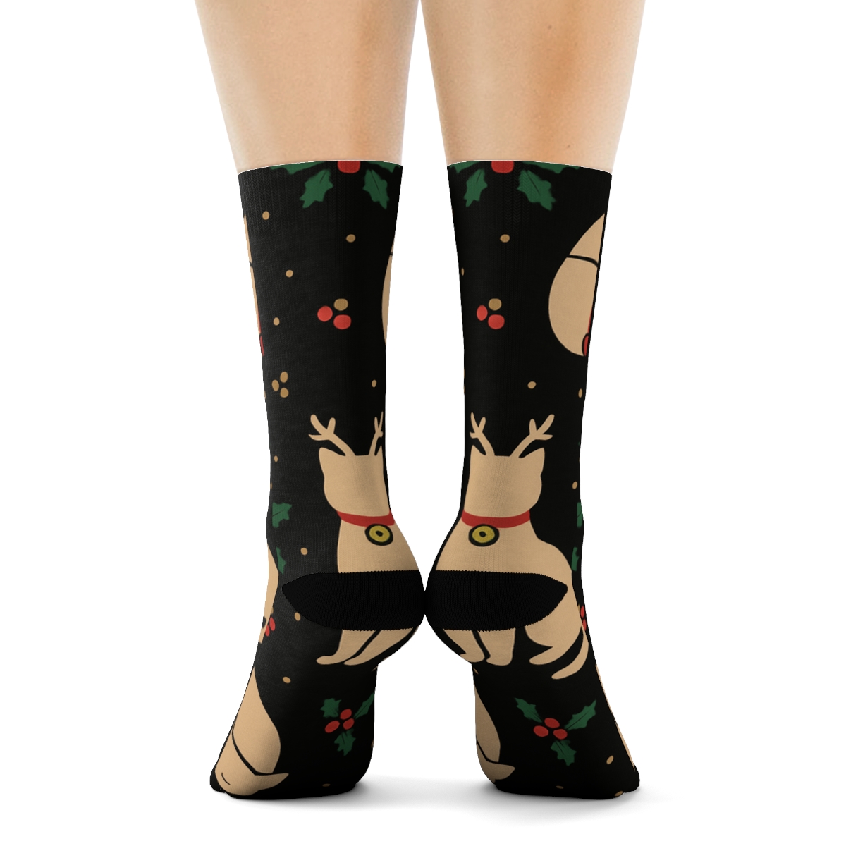 Minimalist Reindeer Cats Silhouette Lattice On Black Background comfortable cotton crew socks