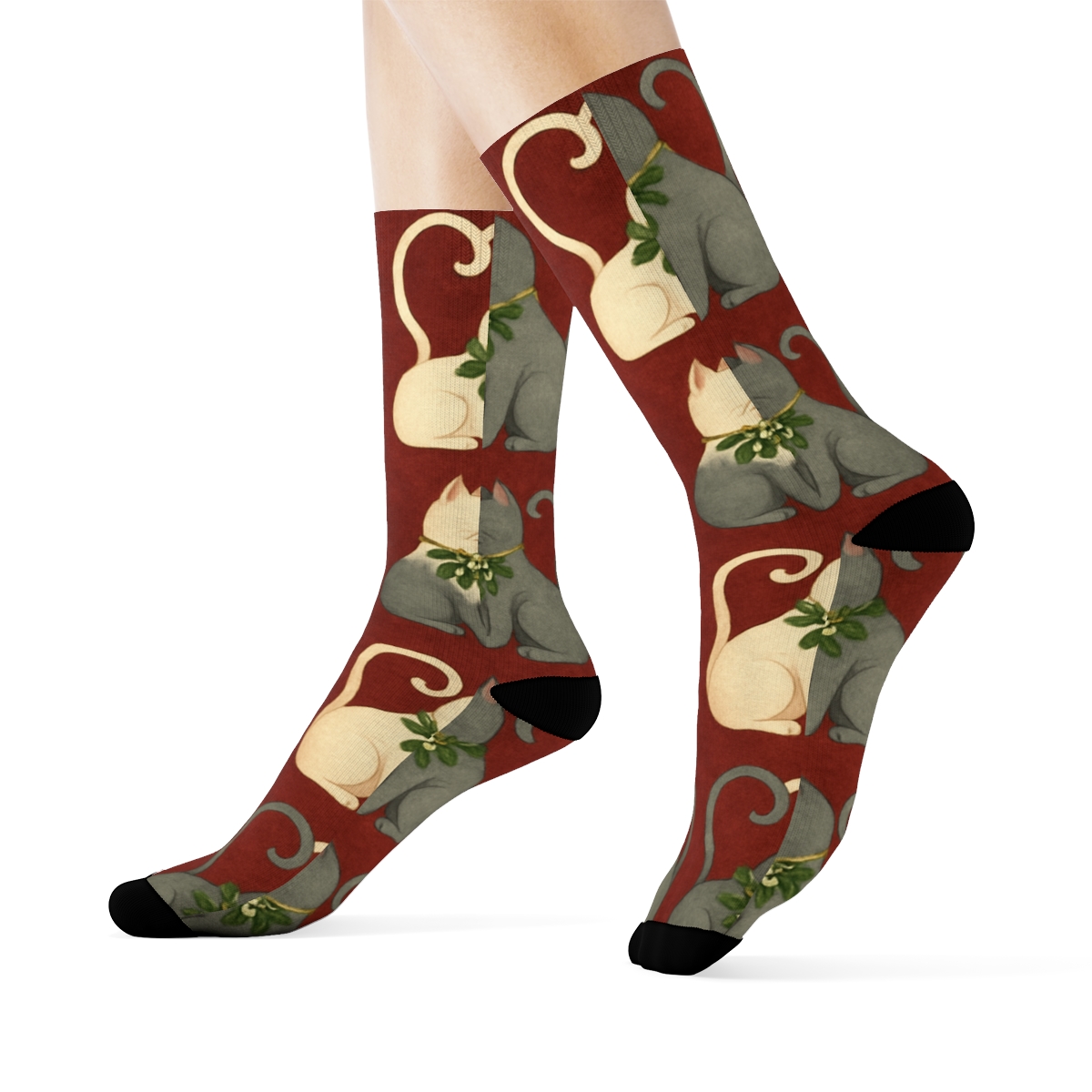 Mistletoe Cat Mirrored Curl Repeat On Cranberry Background stylish athletic crew socksMistletoe Cat Mirrored Curl Repeat on Cranberry Background Crew Socks - Image 3