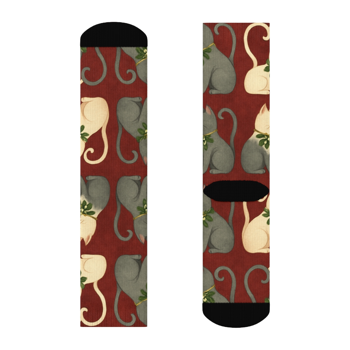 Mistletoe Cat Mirrored Curl Repeat On Cranberry Background stylish athletic crew socks