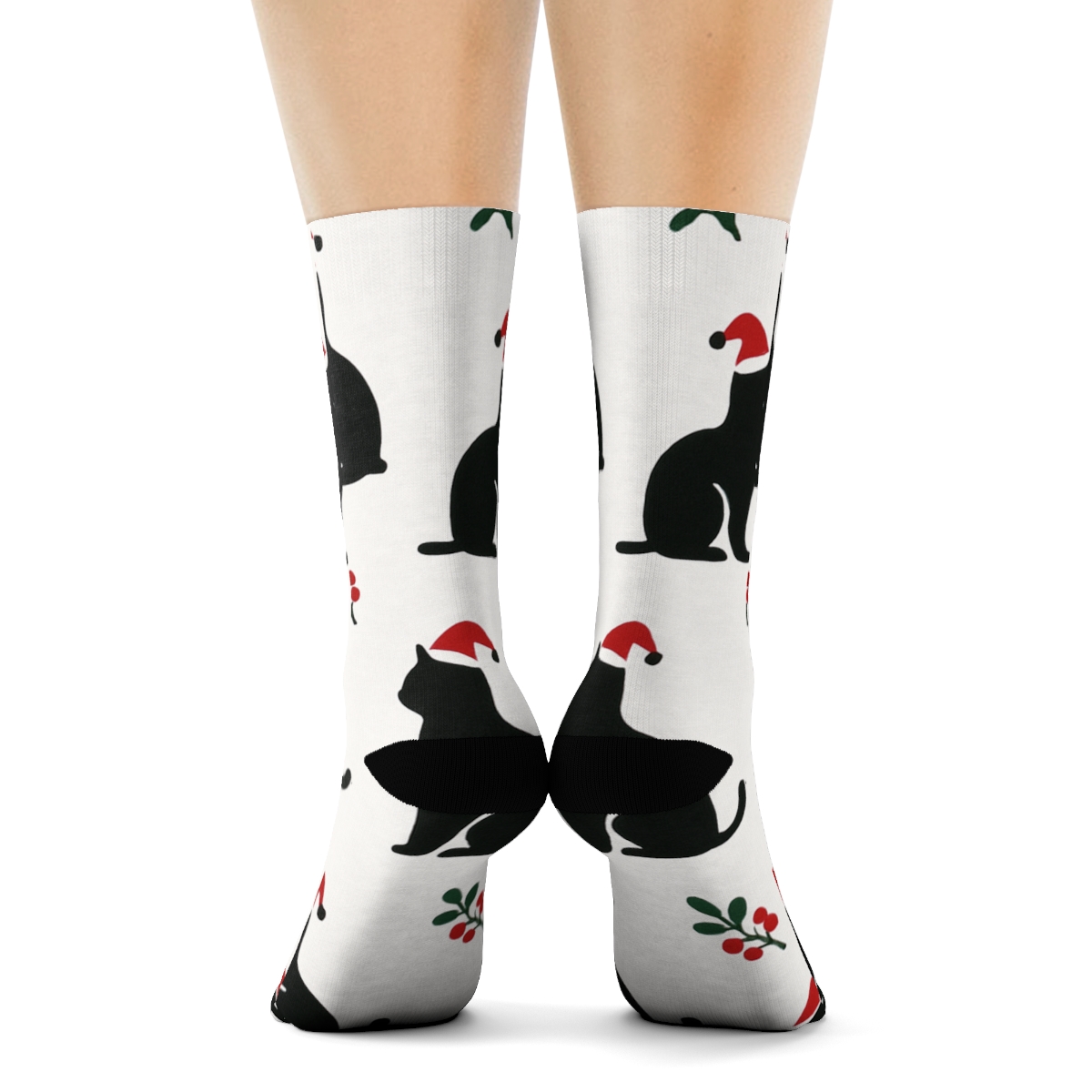 Mistletoe Cat Silhouette Scatter On White Background comfortable cotton crew socks