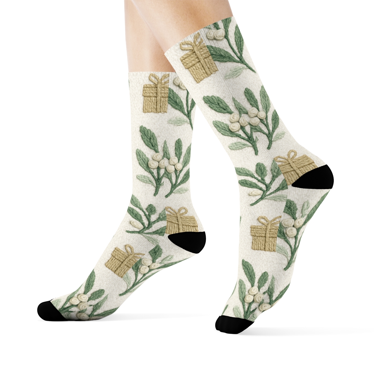 Mistletoe Mosaic On Crisp White soft everyday crew socks