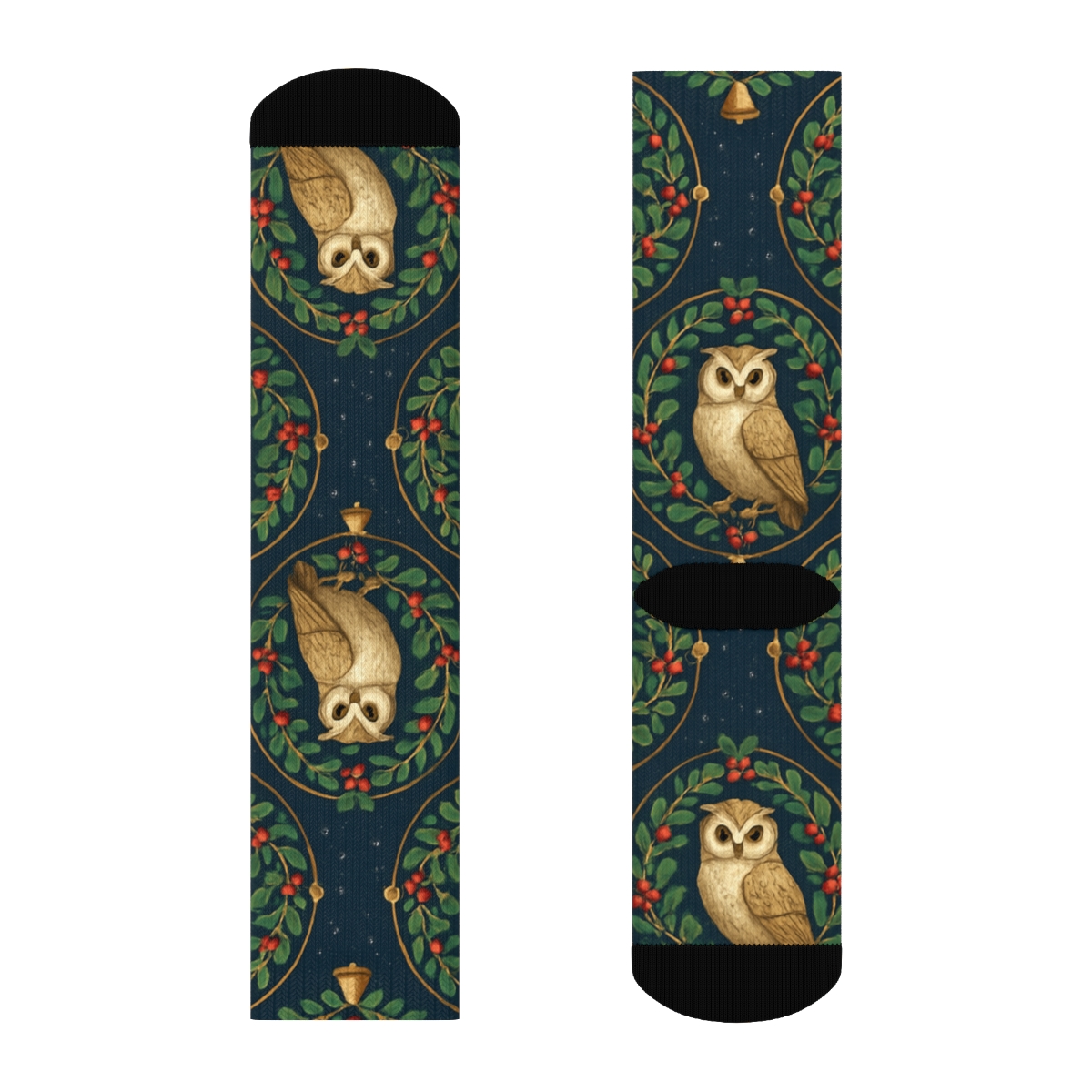 Mistletoe Owl Medallions On Navy Blue Background unique graphic crew socks