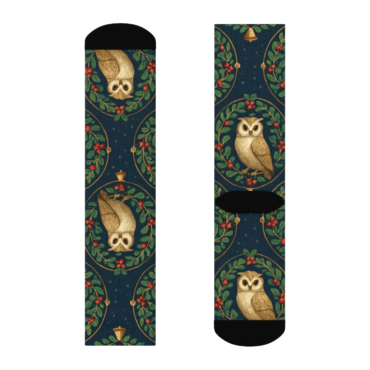 Mistletoe Owl Medallions On Navy Blue Background unique graphic crew socks