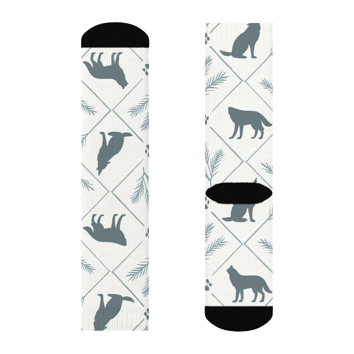 Moonlit Forest Tile With Gray Wolf Silhouettes custom crew socks