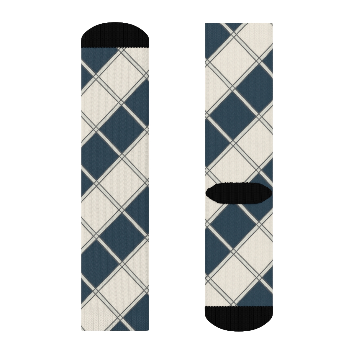 Navy And Ivory Diagonal Diamond Check With Micro Herringbone Inserts soft everyday crew socks
