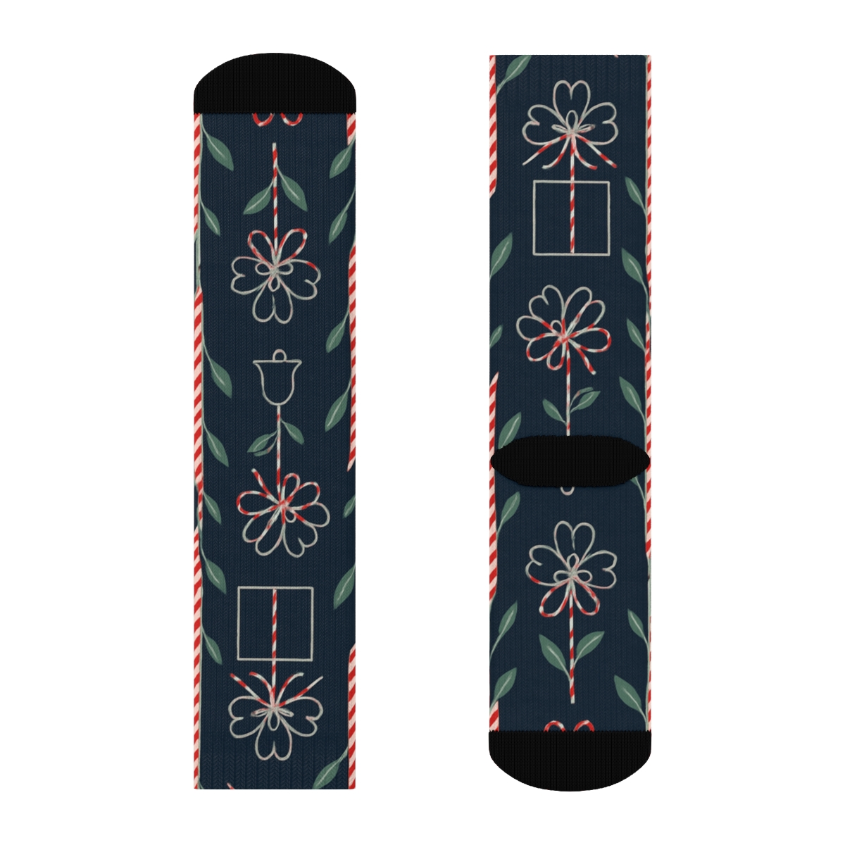 Navy Blue Candy Cane Vine Grid With Cherry Blossom Bows custom crew socks