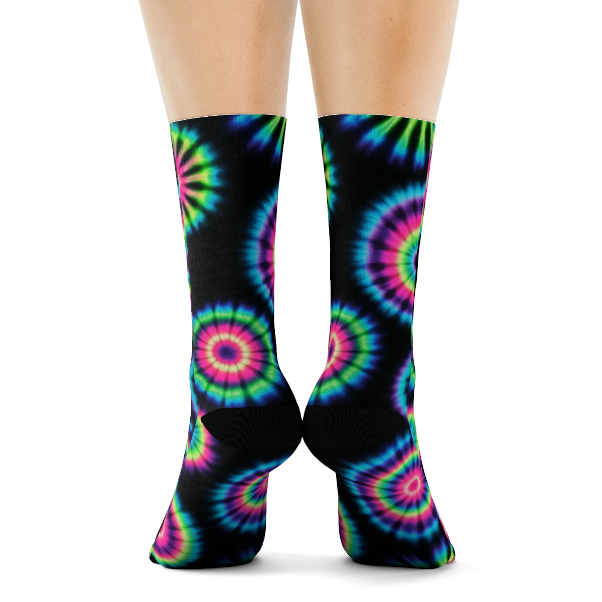Neon Bullseye Mandala Tiles On Black Field custom crew socks