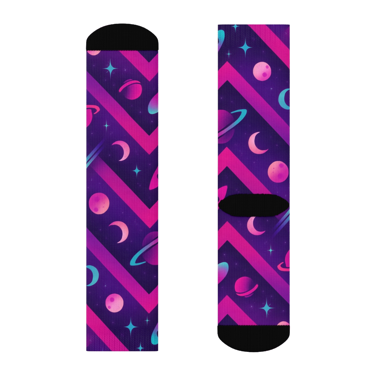 Neon Retro Rocket Chevron On Cosmic Purple Gradient trendy patterned crew socks