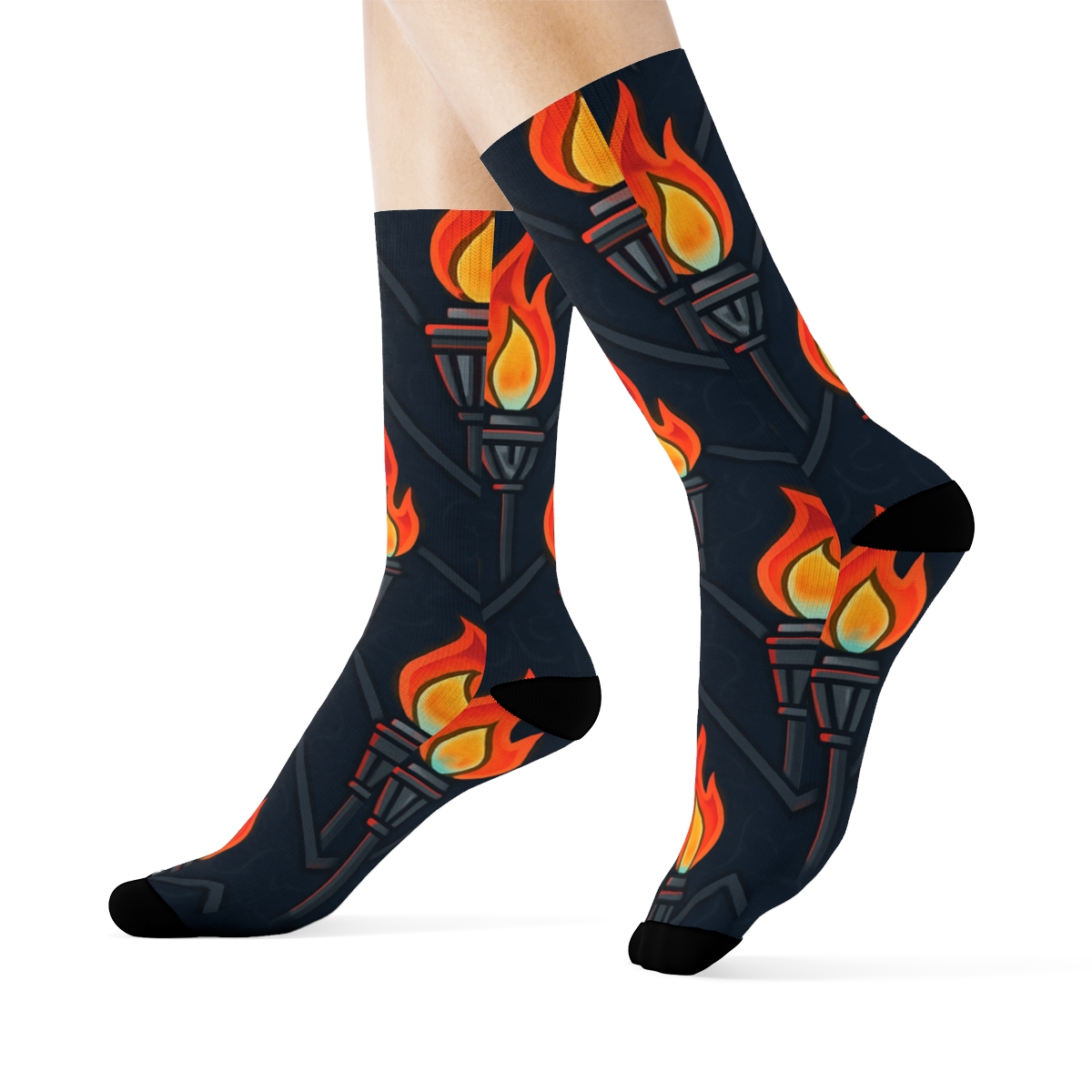 Neon Tiki Torch Chevron Bands On Midnight Navy trendy patterned crew socks