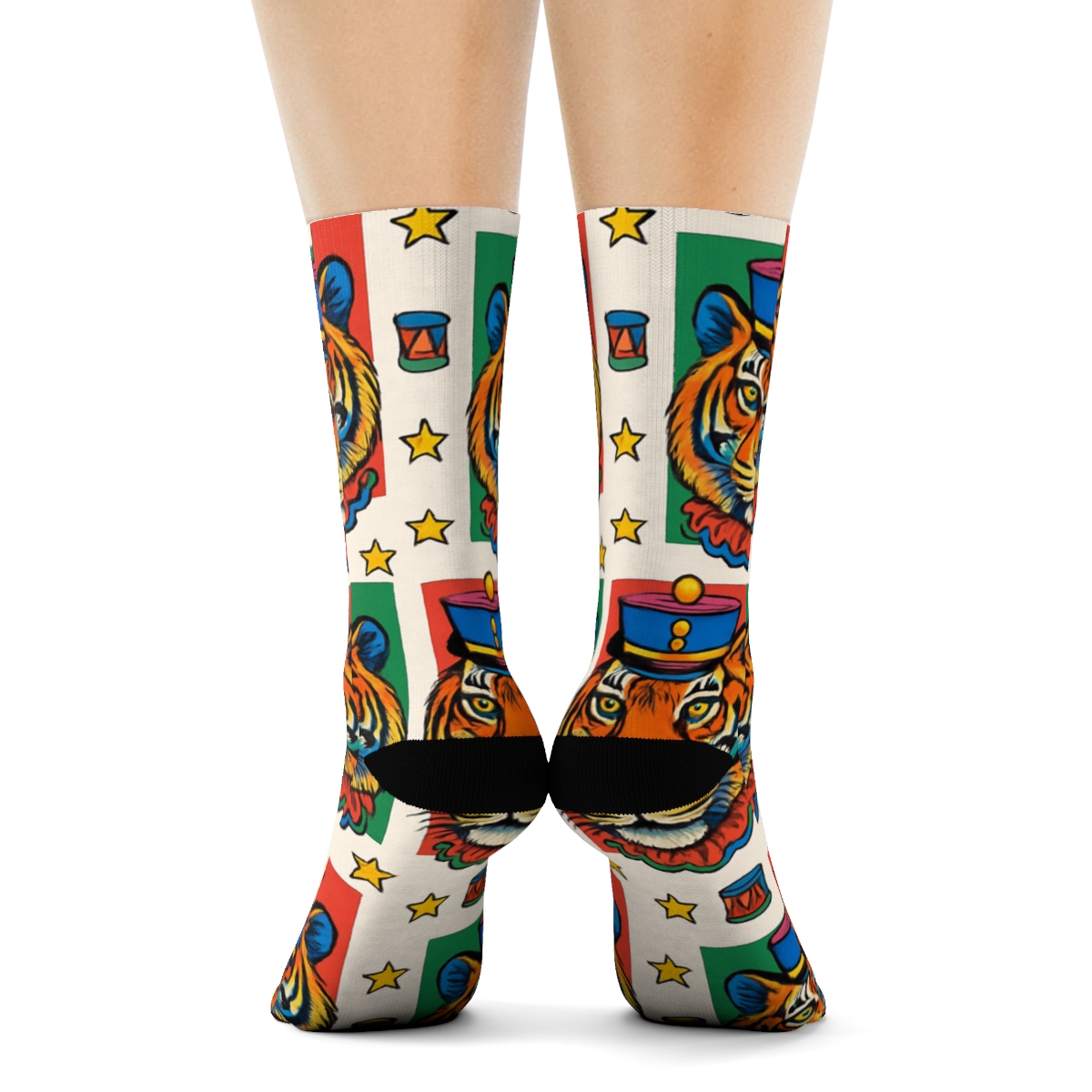 Nutcracker Tiger Portrait Grid On Snow White Background unique graphic crew socks