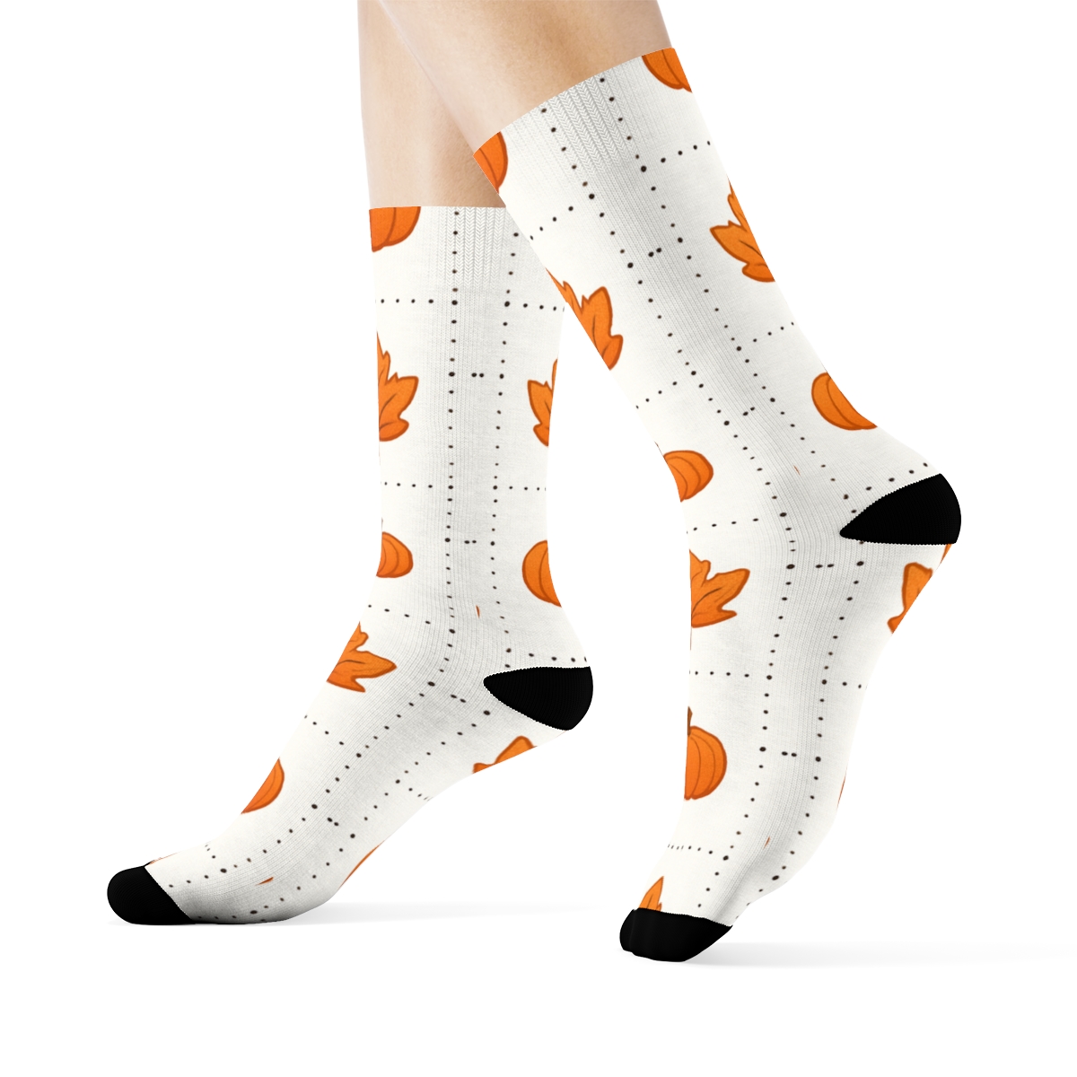 Orange Autumn Leaf And Mini Pumpkin Alternating Grid On White Background trendy patterned crew socks