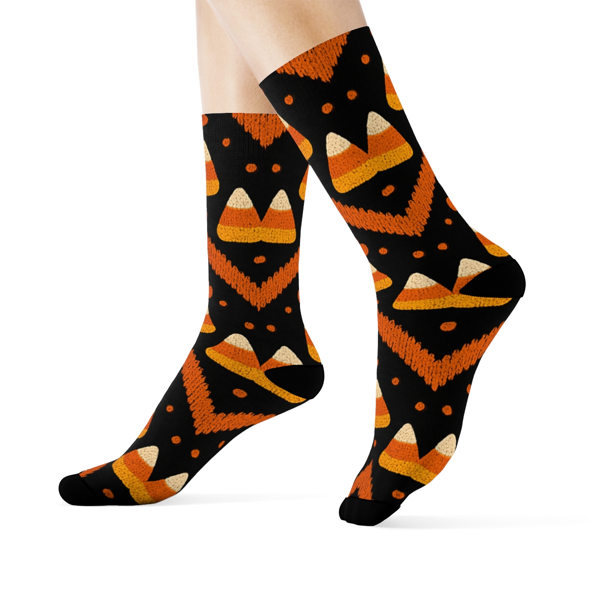 Orange Candy Corn Stack Chevron On Black Background designer printed crew socks